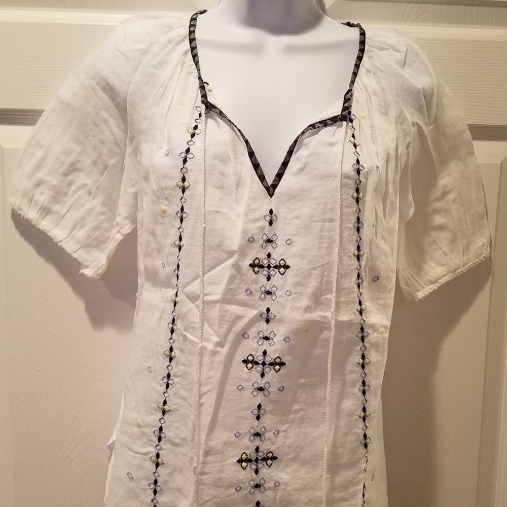 LOFT Peasant Gypsy Embroidered White Top Blue Trim